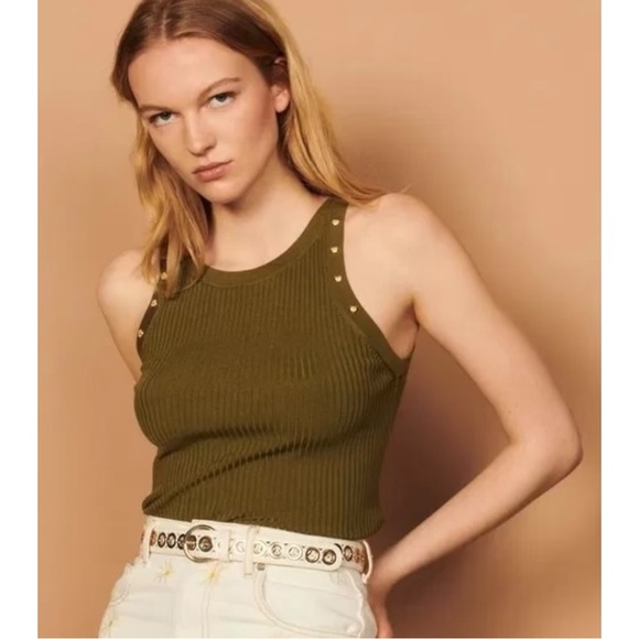 SANDRO Vest Top with Metal Rivets - Dark Green Khaki Ribbed Knit Tank Top sz 0 - Picture 1 of 12